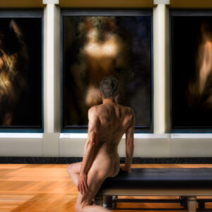 Mixed-media image in ink, watercolor, and pastel depicting a nude older man seen from behind, seated alone on a long black gallery bench. He faces three large framed artworks displayed side by side on a museum wall. Each artwork contains an indistinct nude human figure emerging from deep black and brown shadows: the left figure is illuminated by patterned light, the central figure appears hazy and partially dissolved, and the right figure is blurred into sweeping, almost flame-like forms. The gallery is otherwise empty, with warm light falling across the wooden floor.