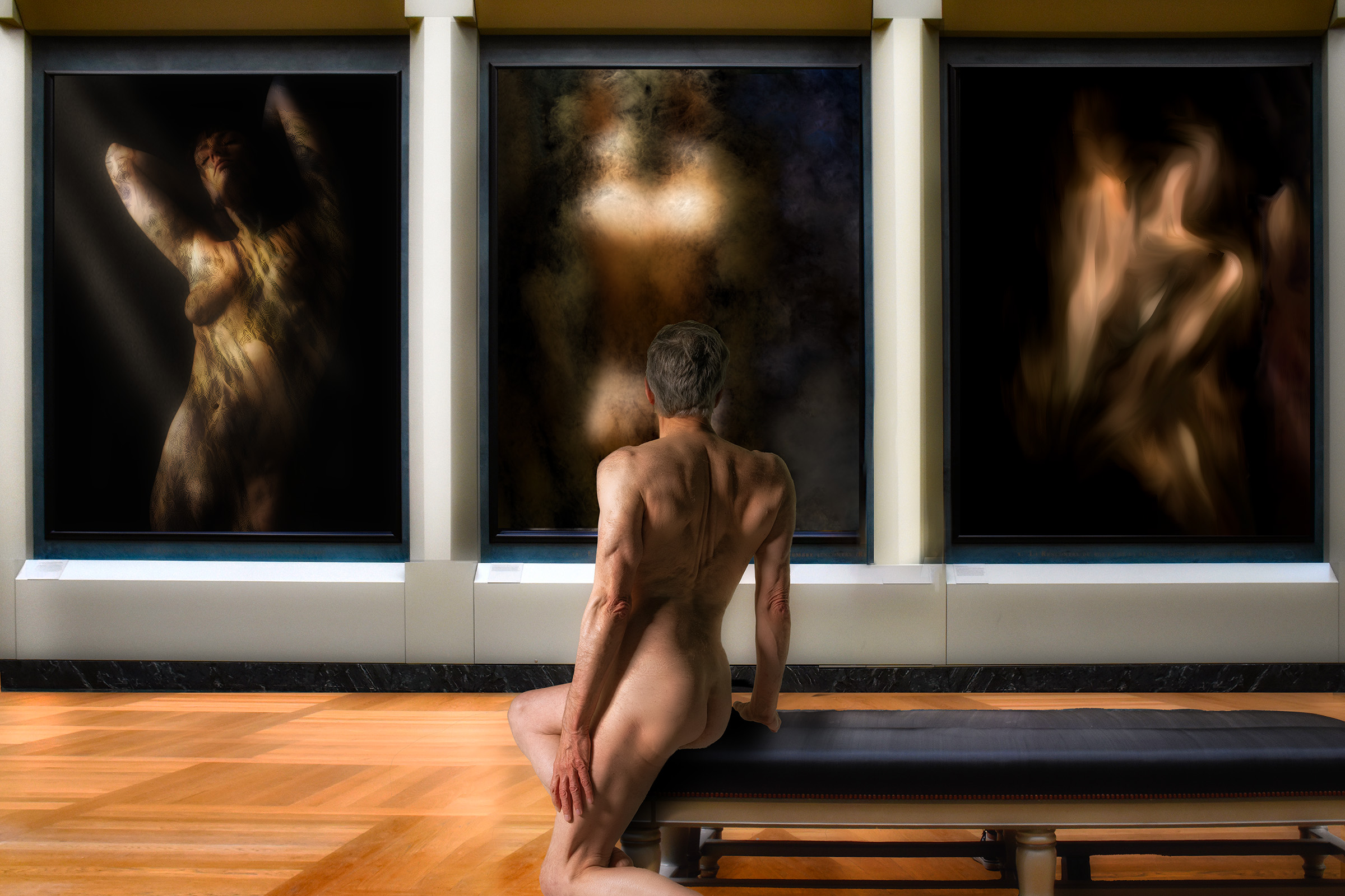 Mixed-media image in ink, watercolor, and pastel depicting a nude older man seen from behind, seated alone on a long black gallery bench. He faces three large framed artworks displayed side by side on a museum wall. Each artwork contains an indistinct nude human figure emerging from deep black and brown shadows: the left figure is illuminated by patterned light, the central figure appears hazy and partially dissolved, and the right figure is blurred into sweeping, almost flame-like forms. The gallery is otherwise empty, with warm light falling across the wooden floor.