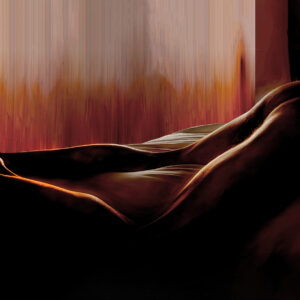 Male self-portrait combining photography and pastels, showing a reclining nude figure emerging from deep shadow. Warm amber and red light traces the curves of the body against an abstract, vertically brushed background of glowing earth tones, blending the human form with a landscape-like field of light and color.